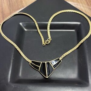 Vintage Trifari Gold Tone & Black Enamel Art Deco Style Necklace